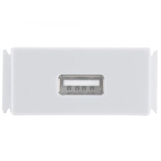 TOMADA USB EM TERMOPLASTICO C/ COMPONENTES METALICOS SIST MODULAR BCO BRILHO<br/>